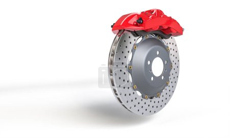  red caliper  ventilated disc brake, isolated  white. automotive car background