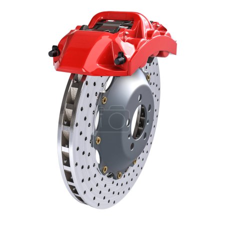 red performance brake caliper vented disc isolated on white background