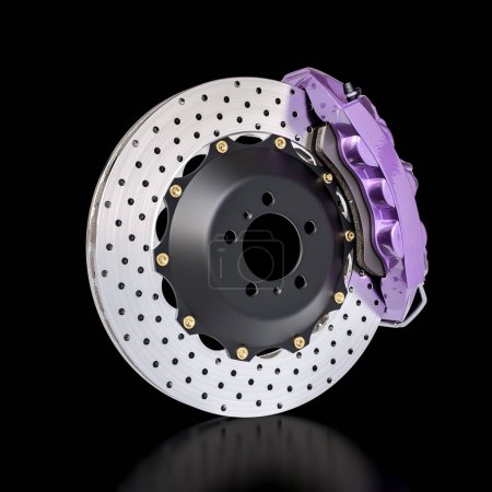 Foto de Disco de freno ventilado del coche moderno y pinza púrpura. fondo negro - Imagen libre de derechos