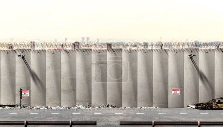 muro de hormigón cámaras de vigilancia carretera, ciudad horizonte frontera de seguridad