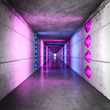 Long corridor  concrete walls illuminated  colorful circular lights 