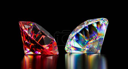 Zwei funkelnde mehrfarbige Diamanten glänzen vor dunklem Hintergrund Luxus-Erfolg