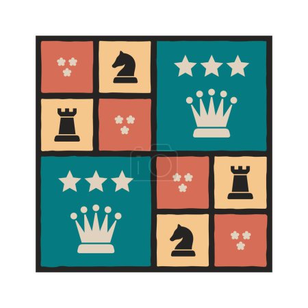 Téléchargez les illustrations : Emblème d'échecs. Fond avec des pièces d'échecs. Illustration vectorielle. - en licence libre de droit