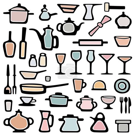 Téléchargez les illustrations : Ustensiles de cuisine esquisse vectorielle dessinée à la main couleur pastel. - en licence libre de droit