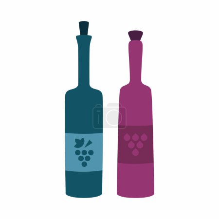 Téléchargez les illustrations : Deux bouteilles de vin avec des raisins sur les étiquettes - en licence libre de droit