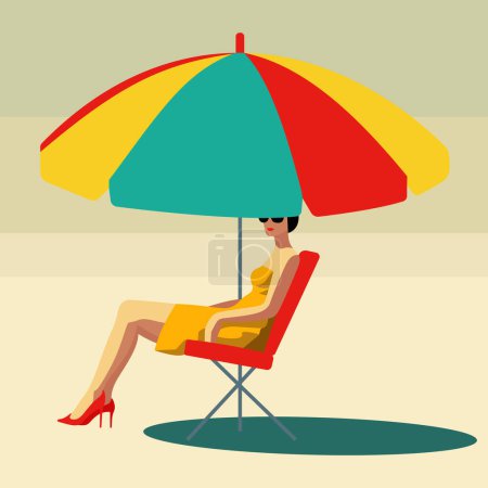 Téléchargez les illustrations : Femme assise sur une chaise de plage sous un parapluie. Illustration vectorielle. - en licence libre de droit