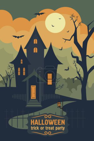 Illustration for Halloween vector illustration with spooky mysterious night landscape with haunted house - Royalty Free Image