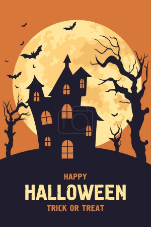 Téléchargez les illustrations : Illustration vectorielle Halloween avec paysage nocturne mystérieux effrayant avec maison hantée - en licence libre de droit