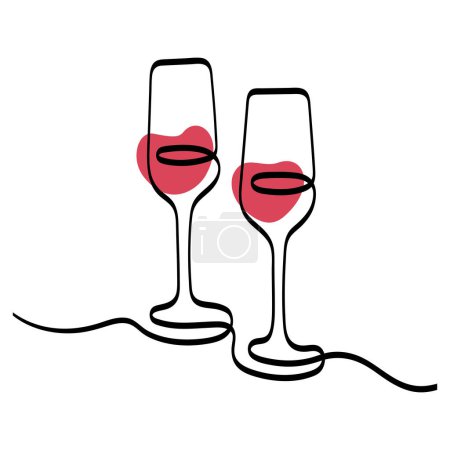 Téléchargez les illustrations : Lunettes avec illustration vectorielle ligne continue de vin rouge - en licence libre de droit