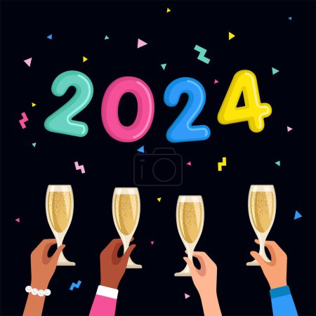 Illustration for Happy New Year 2024 poster. Hand holding glasses of champagne. Vector illustration. - Royalty Free Image