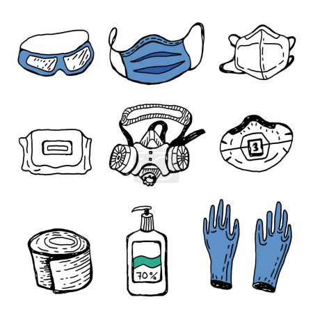 Ilustración de Conjunto ilustrativo dibujado a mano de mercancías de seguridad - Imagen libre de derechos
