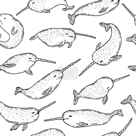 Téléchargez les illustrations : Narvals animaux modèle sans couture. Illustration vectorielle. - en licence libre de droit