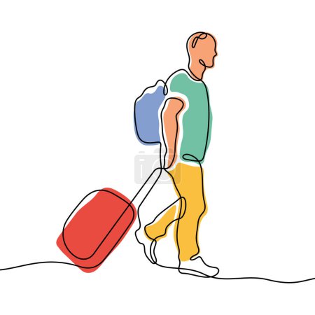 Ilustración de Hombre con la maleta y la mochila línea continua colorido vector ilustración. - Imagen libre de derechos