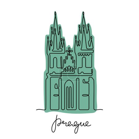 Ilustración de Iglesia de Nuestra Señora ante Tyn, Praga. Línea continua ilustración vectorial colorida. - Imagen libre de derechos