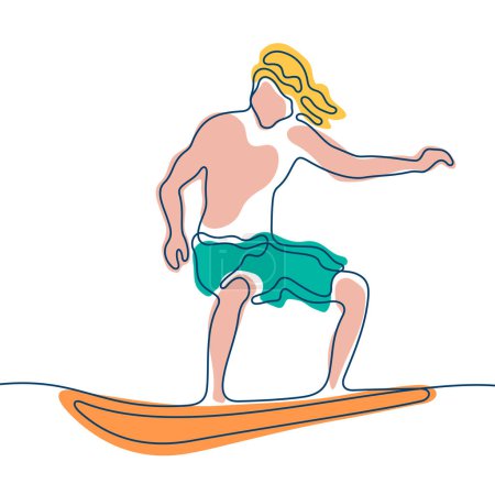 Illustration for Surfer continuous line colourful vector illustration. - Royalty Free Image