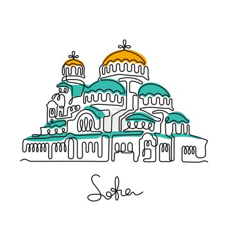 Ilustración de Catedral de San Alejandro Nevski, Sofía. Línea continua ilustración vectorial colorida. - Imagen libre de derechos