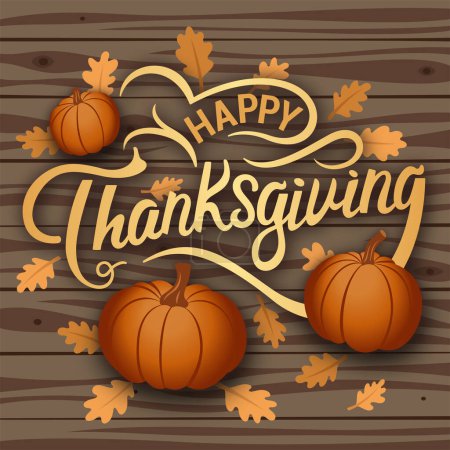 Téléchargez les illustrations : Bannière vectorielle Happy Thanksgiving Day avec citrouilles et feuilles tombées - en licence libre de droit