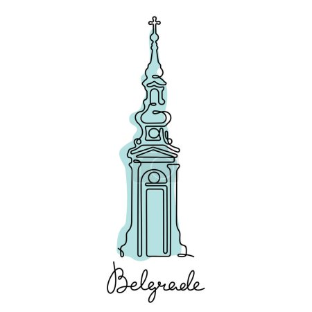 Ilustración de Iglesia de San Nicolás, Belgrado. Línea continua ilustración vectorial colorida. - Imagen libre de derechos