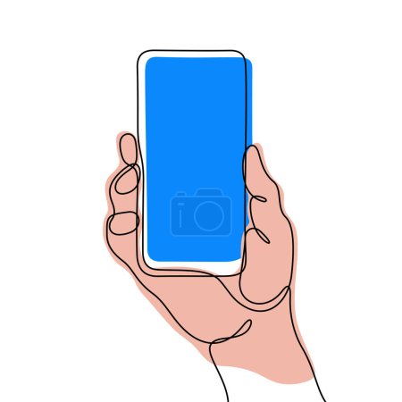 Ilustración de Mano sosteniendo teléfono inteligente línea continua colorido vector ilustración - Imagen libre de derechos