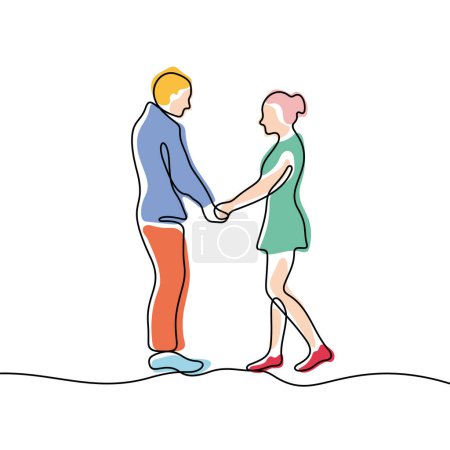 Illustration for Young couple holding hands continuous line colourful vector illustration. Vector illustration - Royalty Free Image