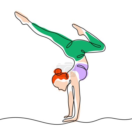 Téléchargez les illustrations : Jeune femme faisant de la gymnastique ligne continue illustration vectorielle colorée - en licence libre de droit