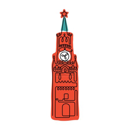 Illustration for Spasskaya Tower, Kremlin, Moscow. Continuous line colourful vector illustration. - Royalty Free Image