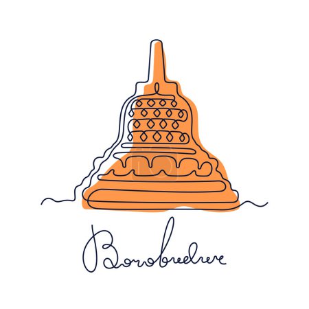 Ilustración de Estupa budista, Templo Borobudur, Indonesia. Línea continua ilustración vectorial colorida. - Imagen libre de derechos