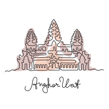 Ilustración de Templo Angkor Wat, Camboya. Línea continua ilustración vectorial colorida. - Imagen libre de derechos