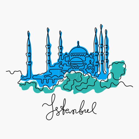 Illustration for Blue Mosque, Istanbul. Continuous line colourful vector illustration. - Royalty Free Image