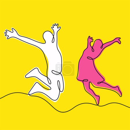 Illustration for Cheerful couple jumping abstract continuous line colourful vector illustration. - Royalty Free Image