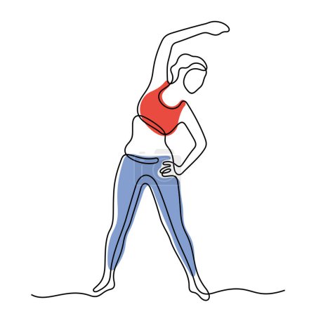 Illustration for Woman doing fitness exercises continuous line colourful vector illustration - Royalty Free Image
