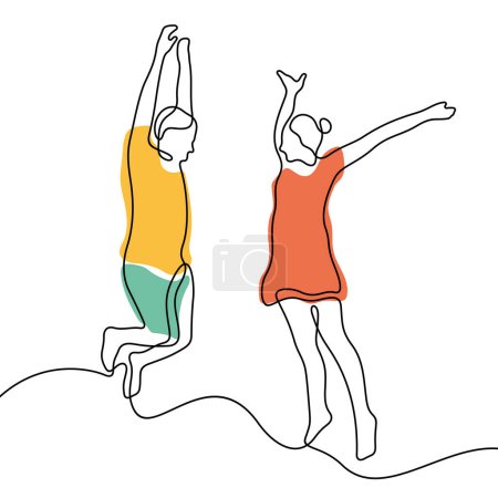 Ilustración de Mujer y hombre saltando línea continua colorido vector ilustración - Imagen libre de derechos