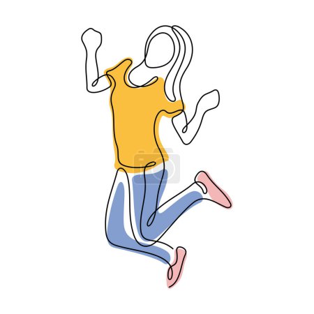 Illustration for Cheerful jumping woman continuous line colourful vector illustration - Royalty Free Image