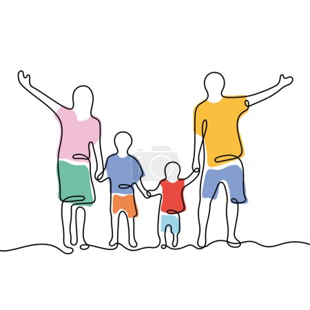 Téléchargez les illustrations : Famille heureuse avec deux petits garçons illustration vectorielle en ligne continue - en licence libre de droit