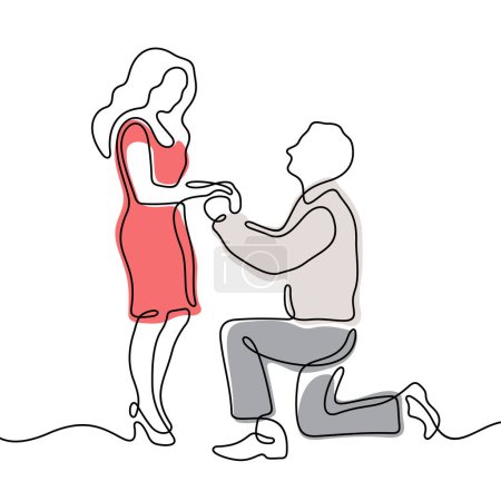 Téléchargez les illustrations : Homme agenouillé proposant à une femme ligne continue illustration vectorielle colorée - en licence libre de droit