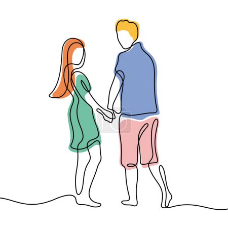 Illustration for Romantic couple hugging continuous line colourful vector illustration - Royalty Free Image