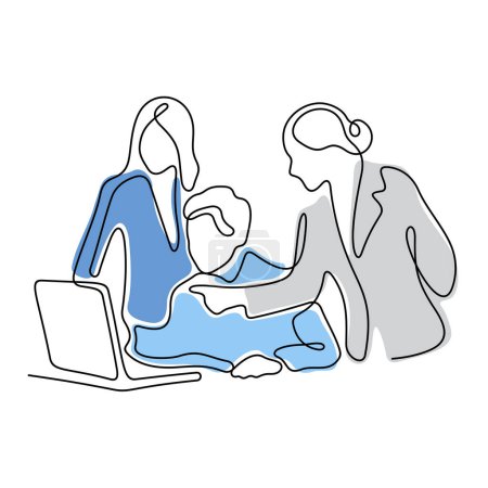 Illustration for Co-workers discussing a project continuous line colourful vector illustration. Teamwork illustration. - Royalty Free Image