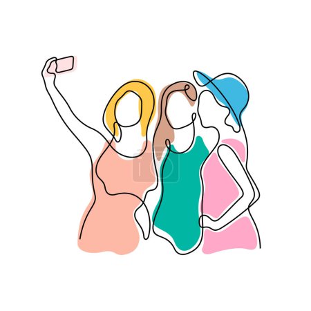 Téléchargez les illustrations : Filles faisant selfie ligne continue illustration vectorielle colorée - en licence libre de droit