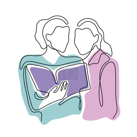 Téléchargez les photos : Deux femmes regardant un livre ligne continue illustration vectorielle colorée - en image libre de droit