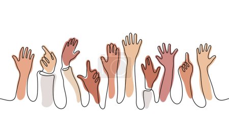 Illustration for Hands rises up continuous line colourful vector illustration. Diversity people crowd. - Royalty Free Image