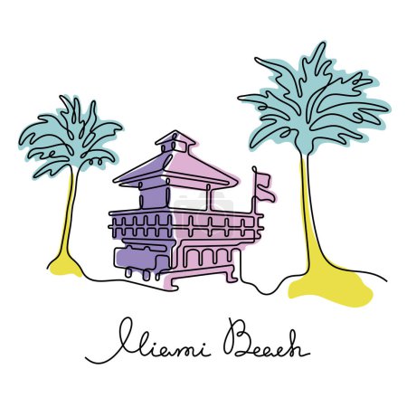 Illustration for Miami Beach lifeguard tower and palm trees continuous line colourful vector illustration - Royalty Free Image