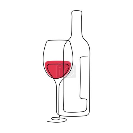Téléchargez les illustrations : Bouteille de vin rouge et verre ligne continue illustration vectorielle colorée - en licence libre de droit