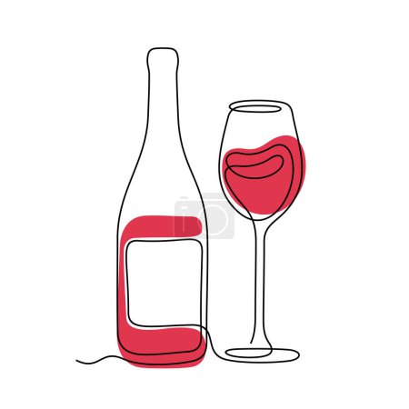 Illustration for Red wine bottle and glass continuous line colourful vector illustration - Royalty Free Image