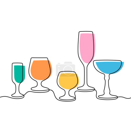 Téléchargez les illustrations : Cocktails ligne continue illustration vectorielle colorée - en licence libre de droit
