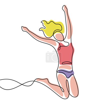 Ilustración de Alegre salto mujer línea continua colorido vector ilustración - Imagen libre de derechos