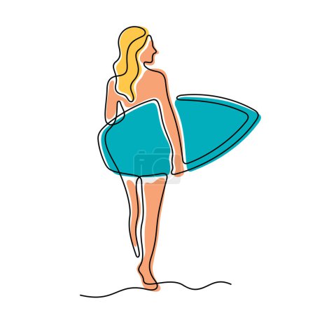 Illustration for Surfer girl continuous line colourful vector illustration - Royalty Free Image