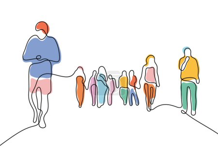 Téléchargez les illustrations : Les gens marchent sur la rue ligne continue illustration vectorielle colorée - en licence libre de droit
