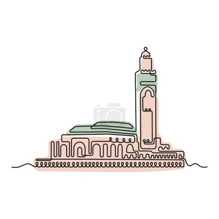 Illustration for Hassan II Mosque, Casablanca, Morocco continuous line colourful vector illustration - Royalty Free Image