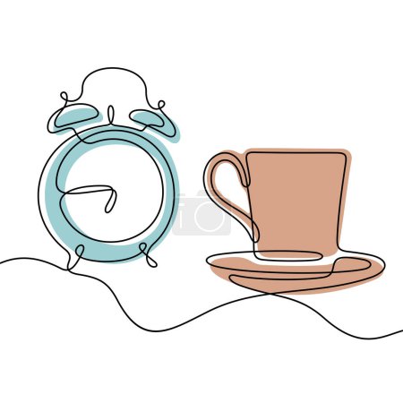 Illustration for Morning coffee, coffee cup and alarm clock continuous line colourful vector illustration - Royalty Free Image