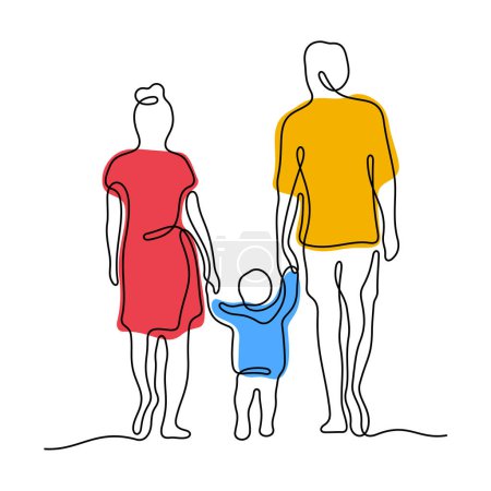 Téléchargez les illustrations : Famille avec petit enfant illustration vectorielle d'une ligne - en licence libre de droit